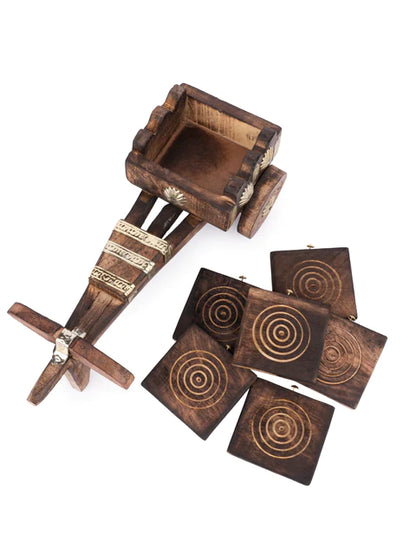 Wooden Bullock Cart Shaped Decorative & Functional Coaster Set  brass