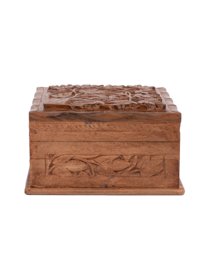 Walnut wood Square Jewelry box with Maple leaves carving on top