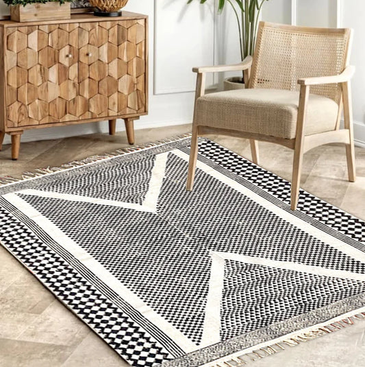 Hand Block printed Cotton Rug -Black-Overall Pattern