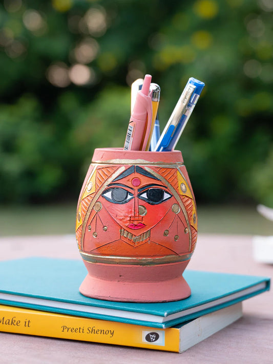 Terracotta Pen and Pencil Holder with Abstract Face Painting