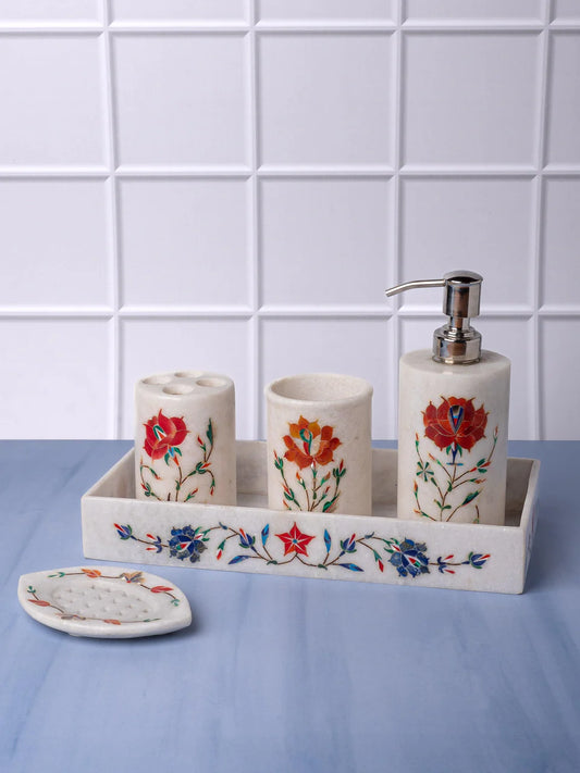 Marble bathroom accessories set with colorful inlay work