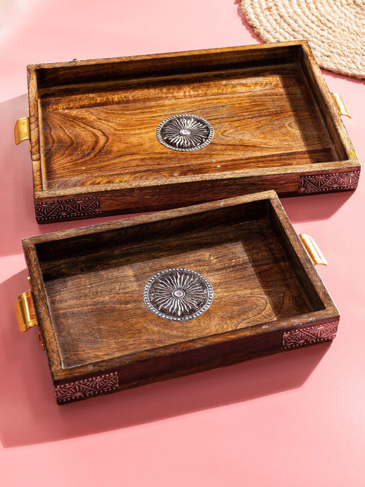 Wooden Serving Tray, Set of 2, Vintage Brass corners