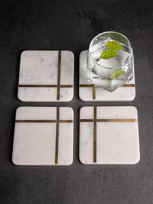 White marble coaster set in square shape brass inlay