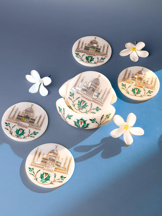 White marble coaster set with the iconic Taj Mahal inlay