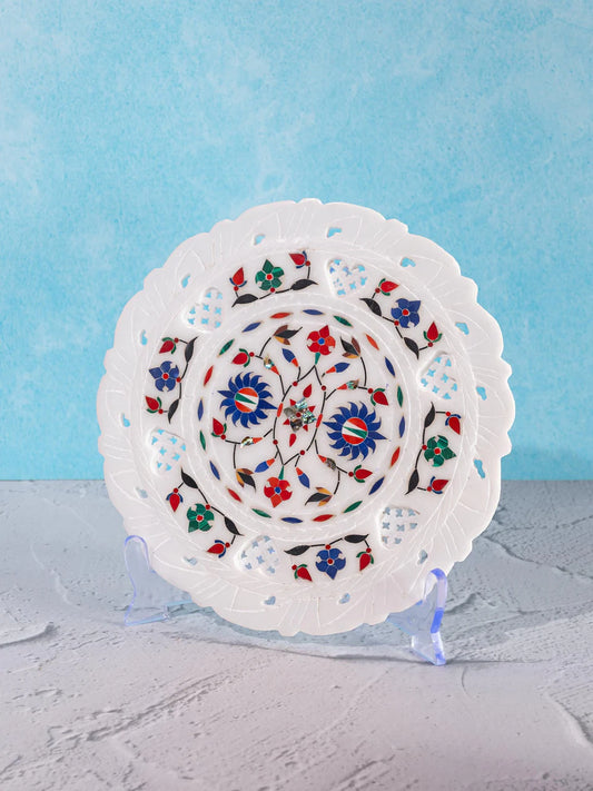 Marble decor plate colorful floral inlay work